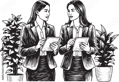 two businesswomen, hand drawn simple sketch vector illustration
