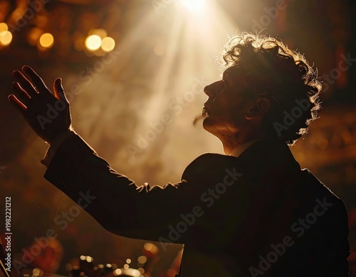 Passionate male conductor leading orchestra with dramatic backlight