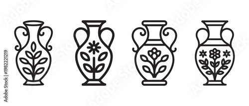 Collection of decorative amphorae with floral patterns, flat design vector illustration.