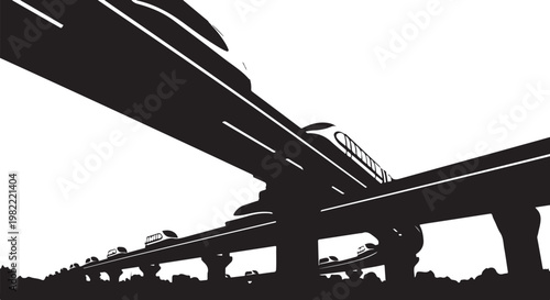 Highway, overpass, road, infrastructure, silhouette, black and white, vector illustration, transportation, urban landscape