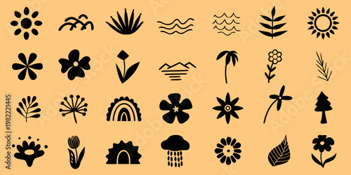 Collection of minimalist black botanical and geometric shapes on a tan background