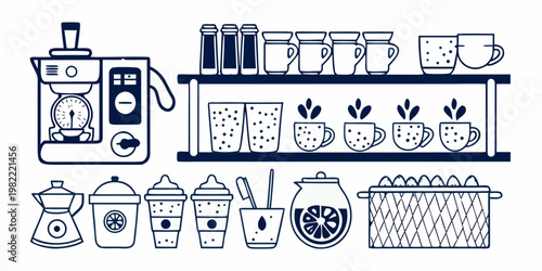 A blue line drawing of various coffee and tea making equipment