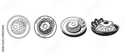 Hawaiian Plate Lunch Icons. Fried Egg, Rice, and Salad Vector Illustration.