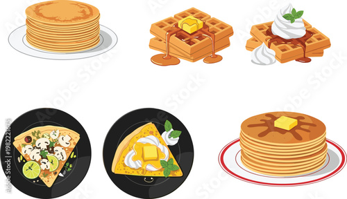 Breakfast Food Illustration Set with Pancakes Waffles Honey Butter Cream Toast and Brunch Dishes Collection Isolated Cartoon Vector Design