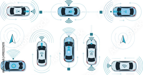 Autonomous Driving Car Technology Icon Set Featuring Self Driving Vehicles, Sensors, Navigation Systems, and Smart Mobility Concepts