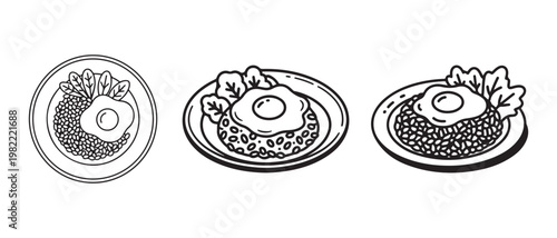 Fried Egg With Rice and Salad Dish Line Art Vector Illustration.