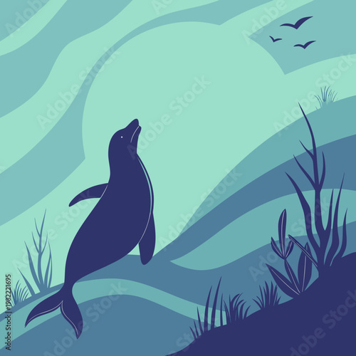 Seal, ocean, sea, aquatic, illustration, blue, waves, silhouette, marine life, wildlife
