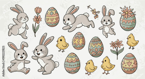 Easter collection with cute jumping bunnies, little chicks, decorated eggs and spring flowers bundle
