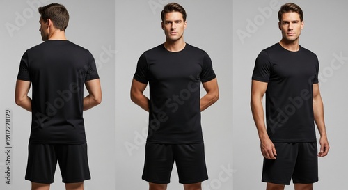 Three views of a handsome man in a black t-shirt and shorts showcasing casual athletic apparel on a neutral gray studio backdrop