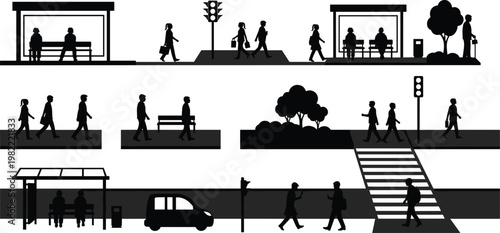 Black Silhouette Urban Street Scene Icon Set Featuring Pedestrians, Crosswalks, Bus Stops, Traffic Lights, and Public Transport Elements