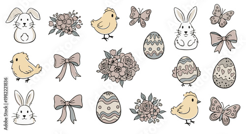 Easter collection with cute bunnies, chicks, decorated eggs, butterflies and floral bouquets in vintage colors
