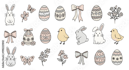 Easter collection with cute bunnies, chicks, decorated eggs, butterflies and floral branches in vintage pastel colors