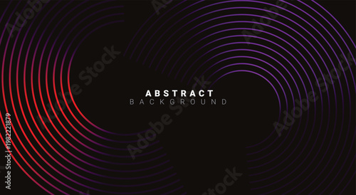 Abstract dark background with glowing lines. Red and purple neon concentric circles fading into black. Futuristic digital sound wave texture. Vector geometric design template.