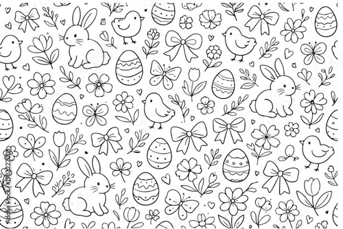 Easter seamless pattern with hand drawn bunnies, chicks, decorated eggs and spring flowers line art doodle
