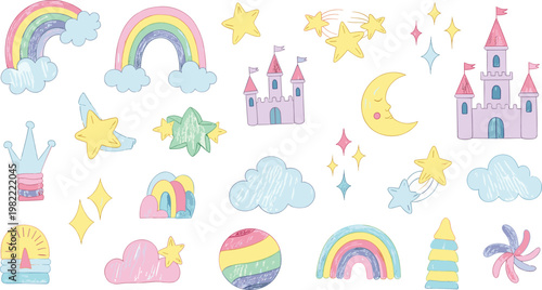 Cute Pastel Rainbow, Star, Castle, Cloud, Moon, and Magical Themed Icons for Children’s Fantasy Designs