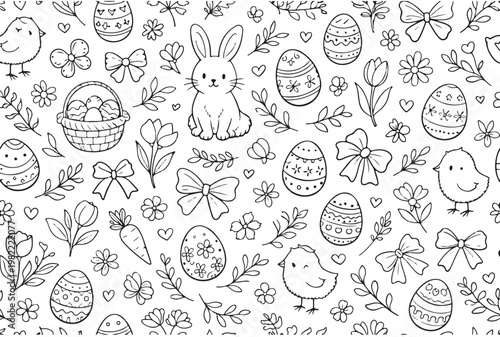 Easter seamless pattern with cute bunny, chicks, basket, eggs and spring flowers line art doodle background