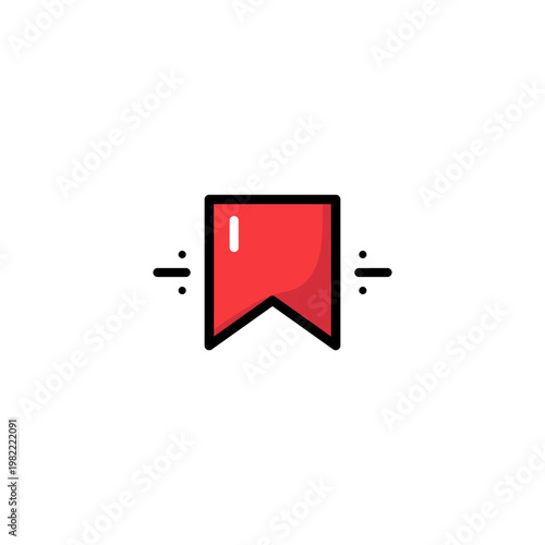 Red bookmark icon with black outline and decorative dash elements. Flat vector illustration representing save for later, favorite content, digital library, or social media notification
