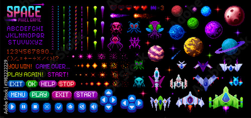 8 bit pixel galaxy space arcade video game interface and GUI elements, vector icons. 8bit pixel space game planets, galaxy alien monsters and rocket shoot with menu buttons of controls and navigation