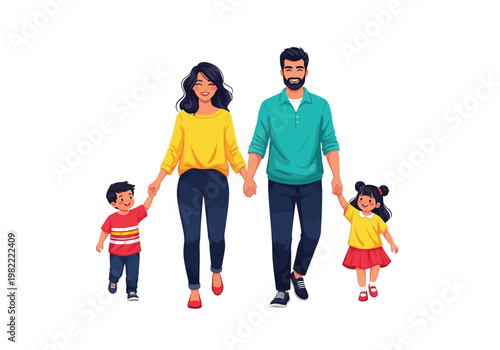 Happy Family Holding Hands Walking Together.