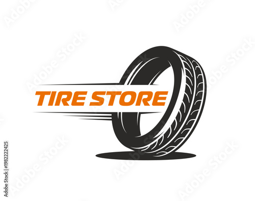 Tire store icon of tyre wheels shop and truck service or car repair, vector emblem. Tire store icon of automobile garage or automotive spare parts and wheel shop for vehicle tyre retail company