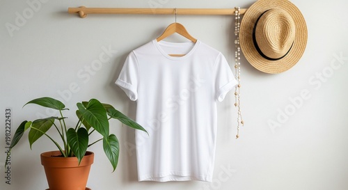 White cotton t-shirt hanging on wooden rack with straw hat and bead garland in bright airy room; a modern minimalist aesthetic