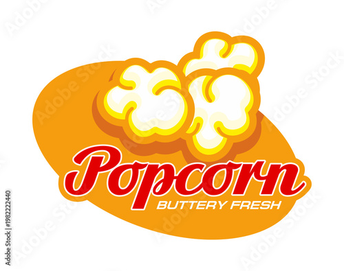 Popcorn icon, pop corn vector label. Movie snack badge with yellow corn kernels and red lettering buttery fresh represents tasty cinema snack. Crispy food emblem for movie, restaurant, or fastfood