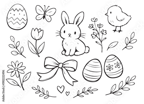 Hand drawn easter set with cute bunny, chick, decorated eggs and spring flowers line art doodle