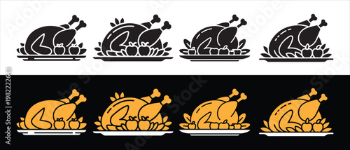 Roasted Turkey Icons Set. Black and Gold Variations on White and Black Backgrounds, Flat Design Vector Illustration.