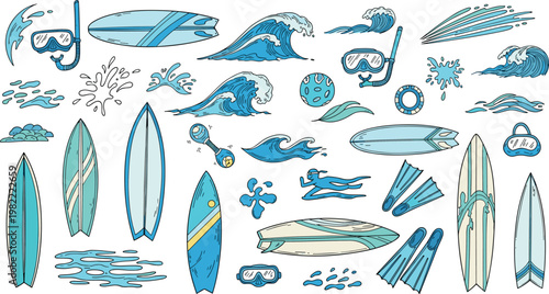 Hand Drawn Surfing and Ocean Icon Set Featuring Surfboards, Waves, Snorkeling Gear, Swimmers, and Water Splash Elements for Summer Design