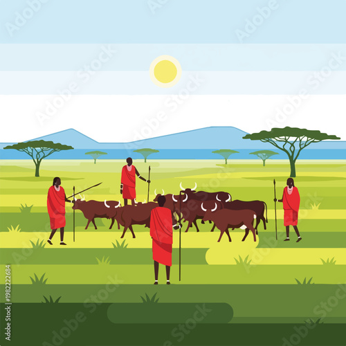 Tribal warriors herd cattle in the vast African savanna under the hot sun vector