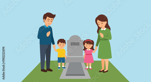 Family paying respects at a grave in a peaceful grassy cartoon cemetery setting