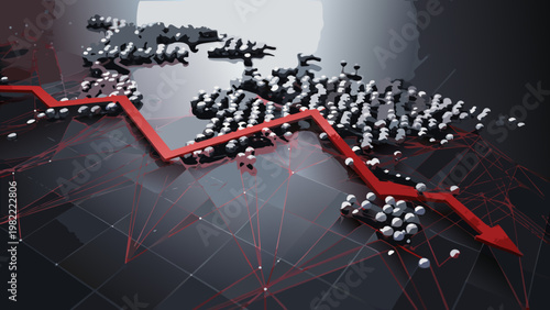 A declining red arrow descends over a crowd of people symbolizing market downturn