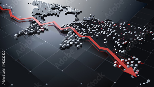 Global economic downturn visualized with a declining red line over a world map