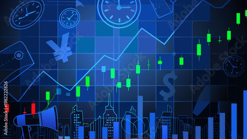Financial market analysis with clocks graphs and currency symbols