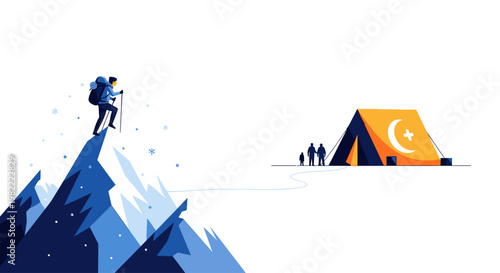 Person trekking towards a relief camp in the mountains.