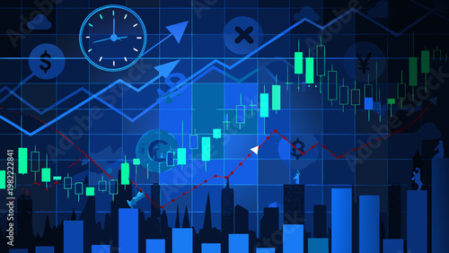 Financial data visualization with charts graphs and a city skyline