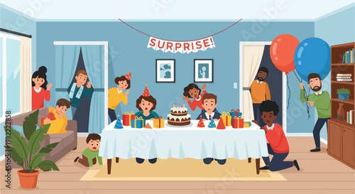 Friends hiding in a room for a surprise birthday party with cake and many gifts