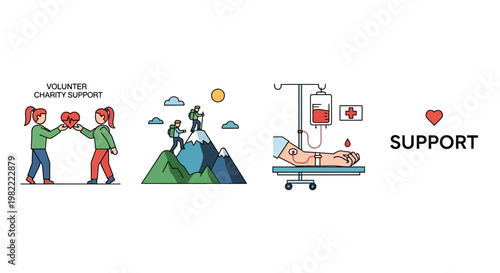 Vector illustrations for community support, health care, and personal achievement.