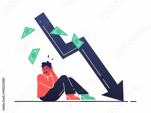 Man overwhelmed as financial losses plummet downwards in a steep decline