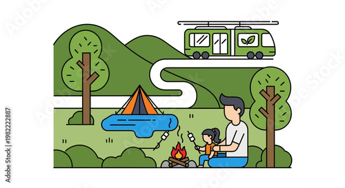 Father and daughter roast marshmallows by campfire during camping trip.