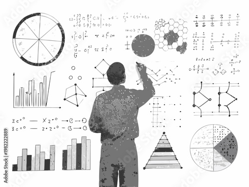 Man writing on a transparent board filled with mathematical and statistical graphics