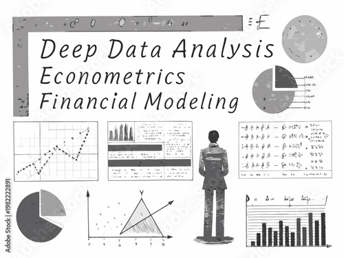 Data analysis and econometrics concepts with charts and a person