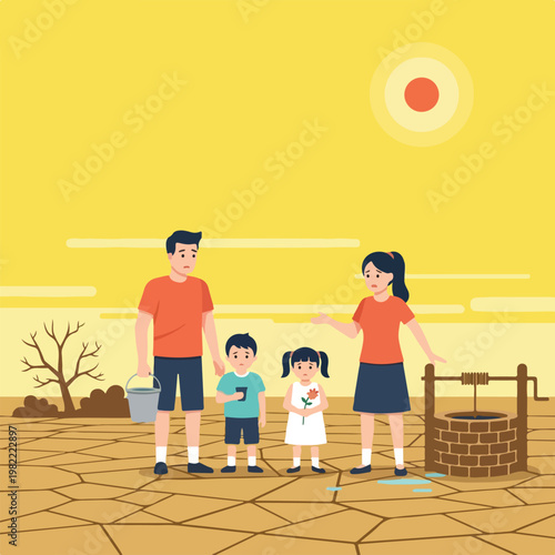 Sad family stands on cracked parched earth with an empty well under blazing sun