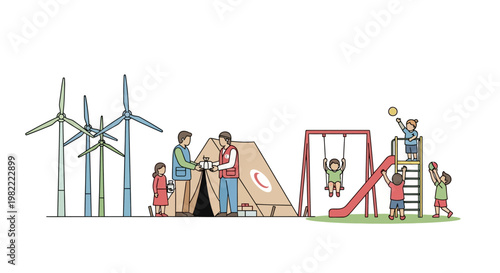 Sustainable future with humanitarian aid, renewable energy, and child's welfare.