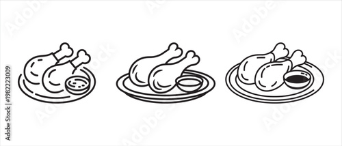 Simple line art illustrations of chicken legs on plates with dipping sauce, flat design vector.