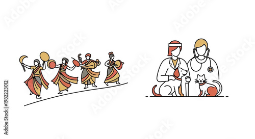 Veterinary clinic and traditional dancers icons