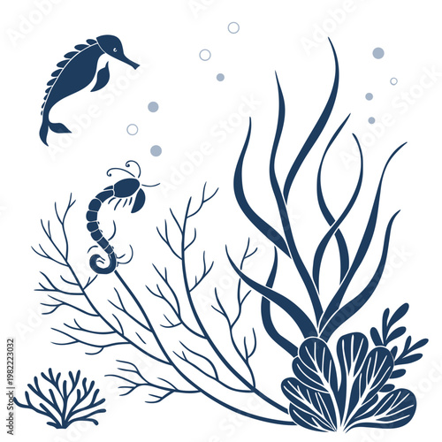 Underwater scene with dark blue seahorse and lobster sea life underwater seahorse illustration stylized minimalist background creature