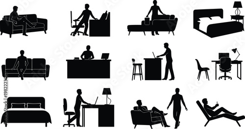 Silhouette Illustrations of People in Various Furniture Settings Couch Desk Bed Office and Relaxation Positions