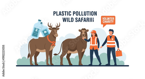 Volunteers helping wildlife affected by plastic pollution illustration