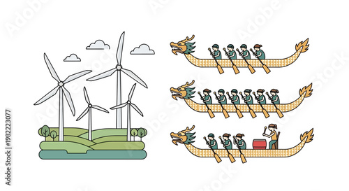 Set of dragon boat racing illustrations and wind turbine landscape vector graphics